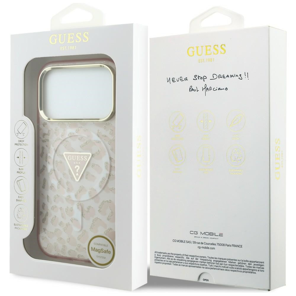 MagSafe pouzdro pro Apple iPhone 18 Pro Max / 17 Pro Max, Guess, Leopard Glitter Triangle Logo, Růžová