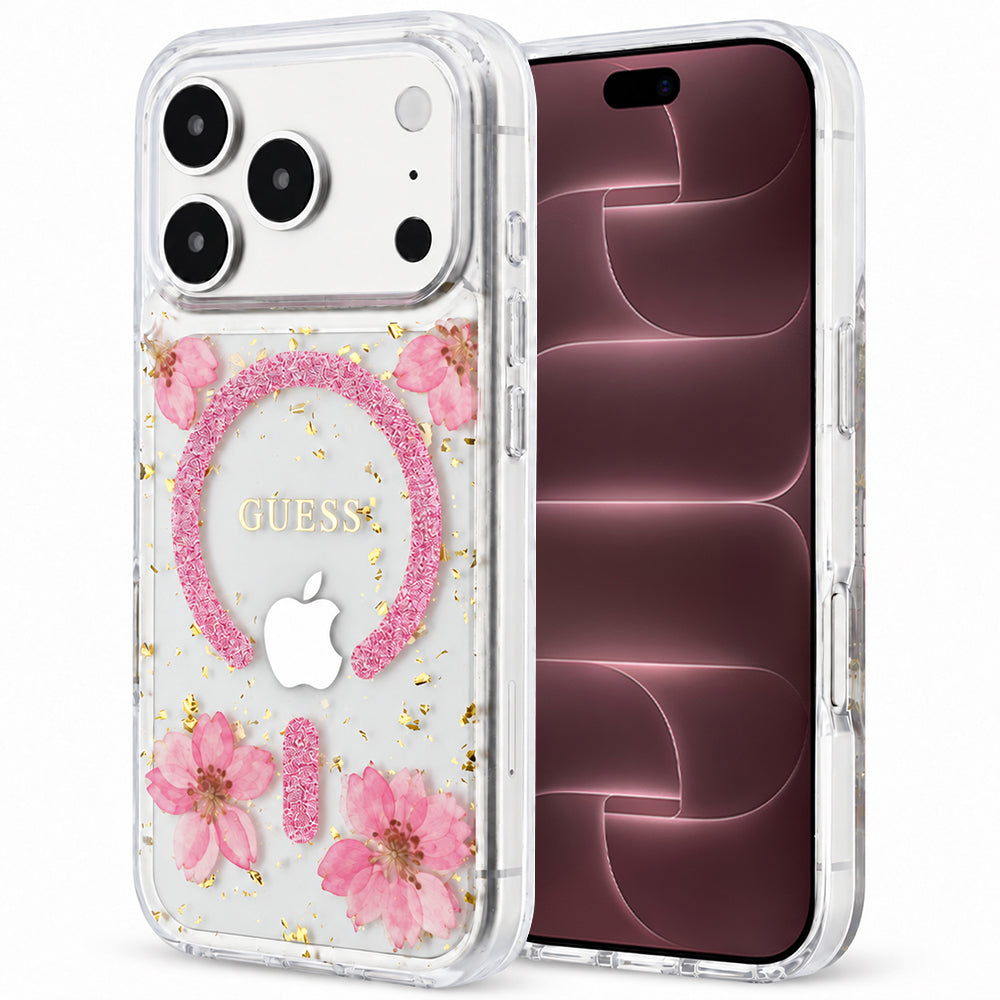 Pouzdro MagSafe pro Apple iPhone 18 Pro Max / 17 Pro Max, Guess, Resin Flowers and Glitter, růžové