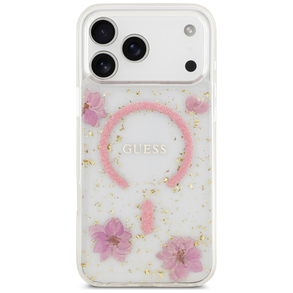 Pouzdro MagSafe pro Apple iPhone 18 Pro Max / 17 Pro Max, Guess, Resin Flowers and Glitter, růžové