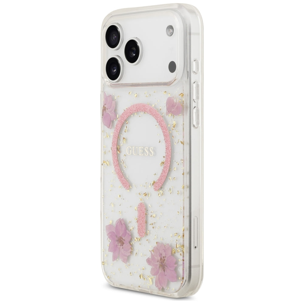 Pouzdro MagSafe pro Apple iPhone 18 Pro Max / 17 Pro Max, Guess, Resin Flowers and Glitter, růžové