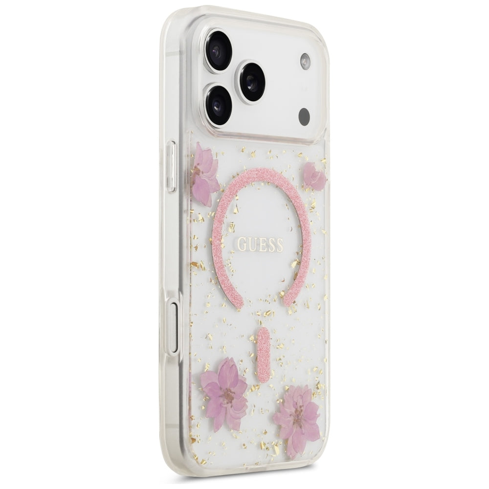 Pouzdro MagSafe pro Apple iPhone 18 Pro Max / 17 Pro Max, Guess, Resin Flowers and Glitter, růžové