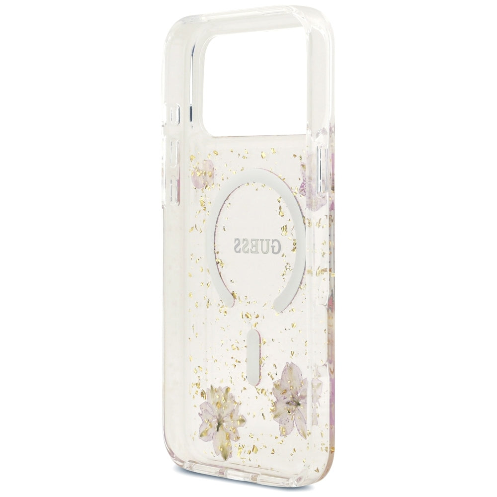 Pouzdro MagSafe pro Apple iPhone 18 Pro Max / 17 Pro Max, Guess, Resin Flowers and Glitter, růžové