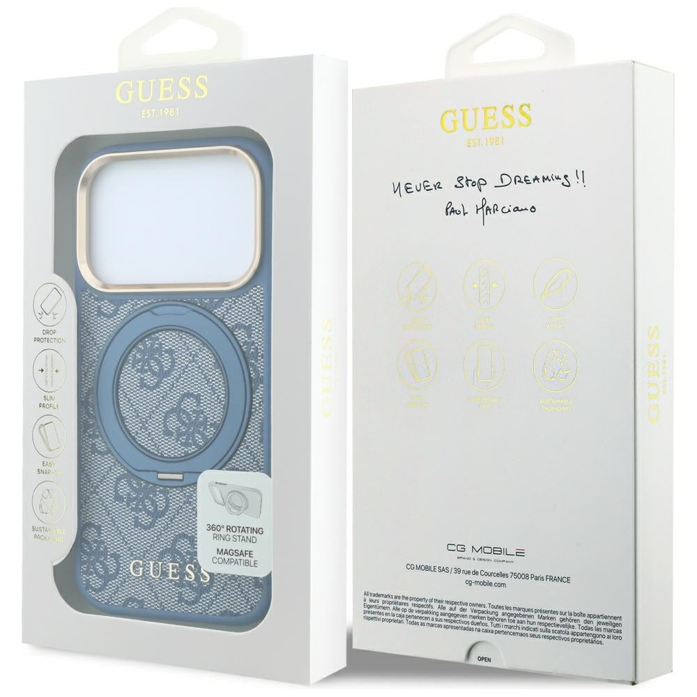 MagSafe pouzdro pro Apple iPhone 18 Pro Max / 17 Pro Max, Guess, Ring Stand 360 4G Classic Logo, Modré