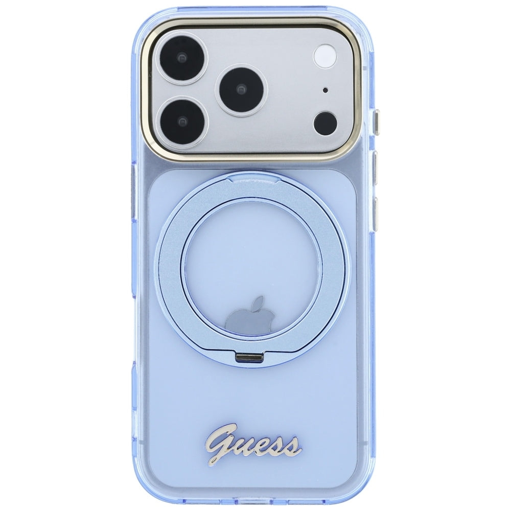 MagSafe pouzdro pro Apple iPhone 18 Pro Max / 17 Pro Max, Guess, Ring Stand Script Metal Logo, Bleu