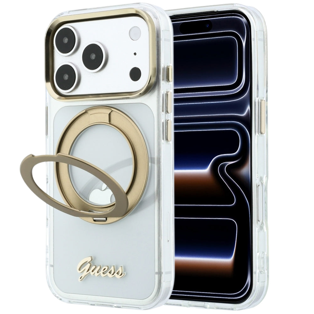 MagSafe pouzdro pro Apple iPhone 18 Pro Max / 17 Pro Max, Guess, Ring Stand Script Metal Logo, Transparentní