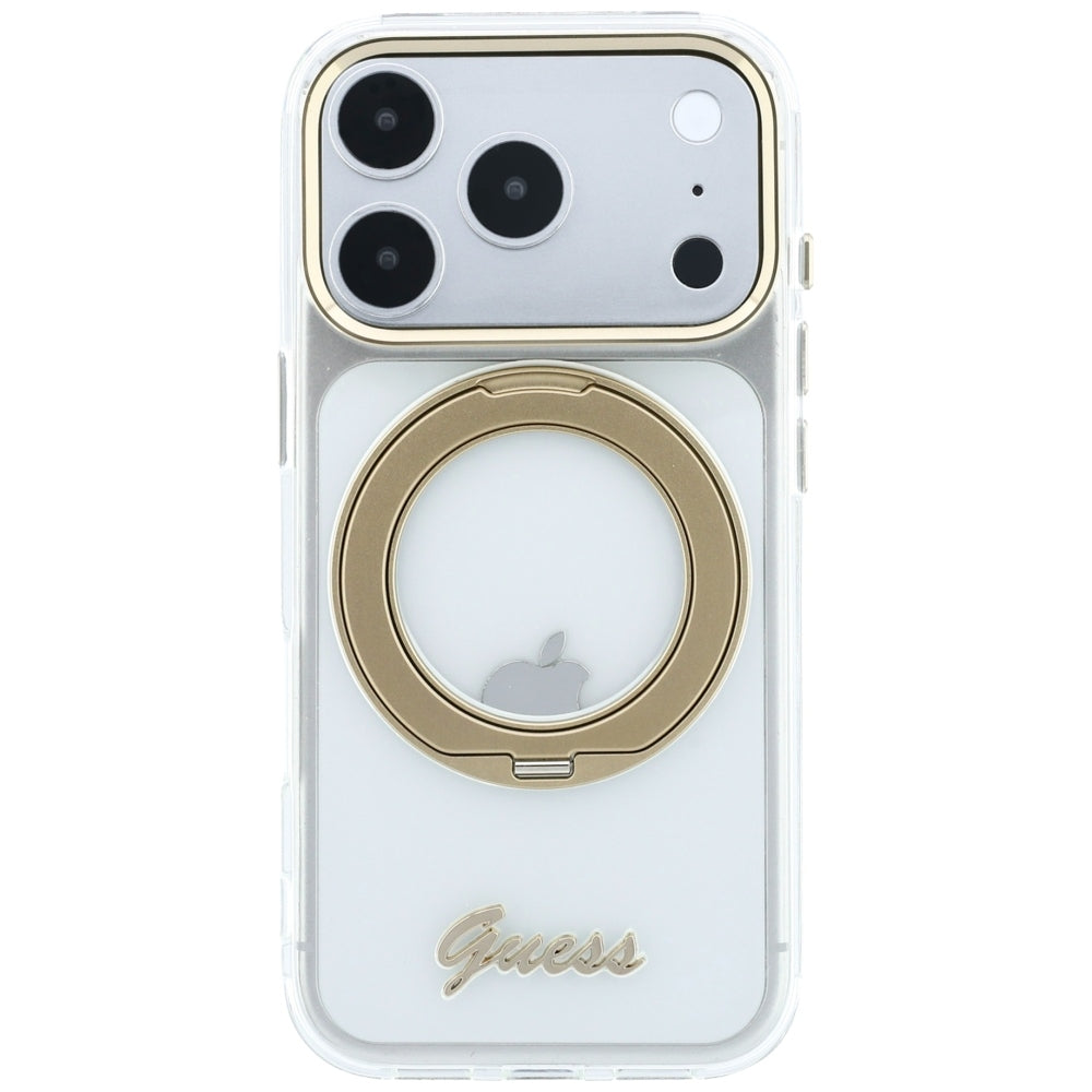 MagSafe pouzdro pro Apple iPhone 18 Pro Max / 17 Pro Max, Guess, Ring Stand Script Metal Logo, Transparentní