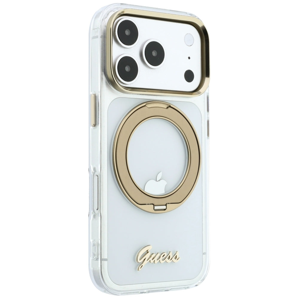 MagSafe pouzdro pro Apple iPhone 18 Pro Max / 17 Pro Max, Guess, Ring Stand Script Metal Logo, Transparentní
