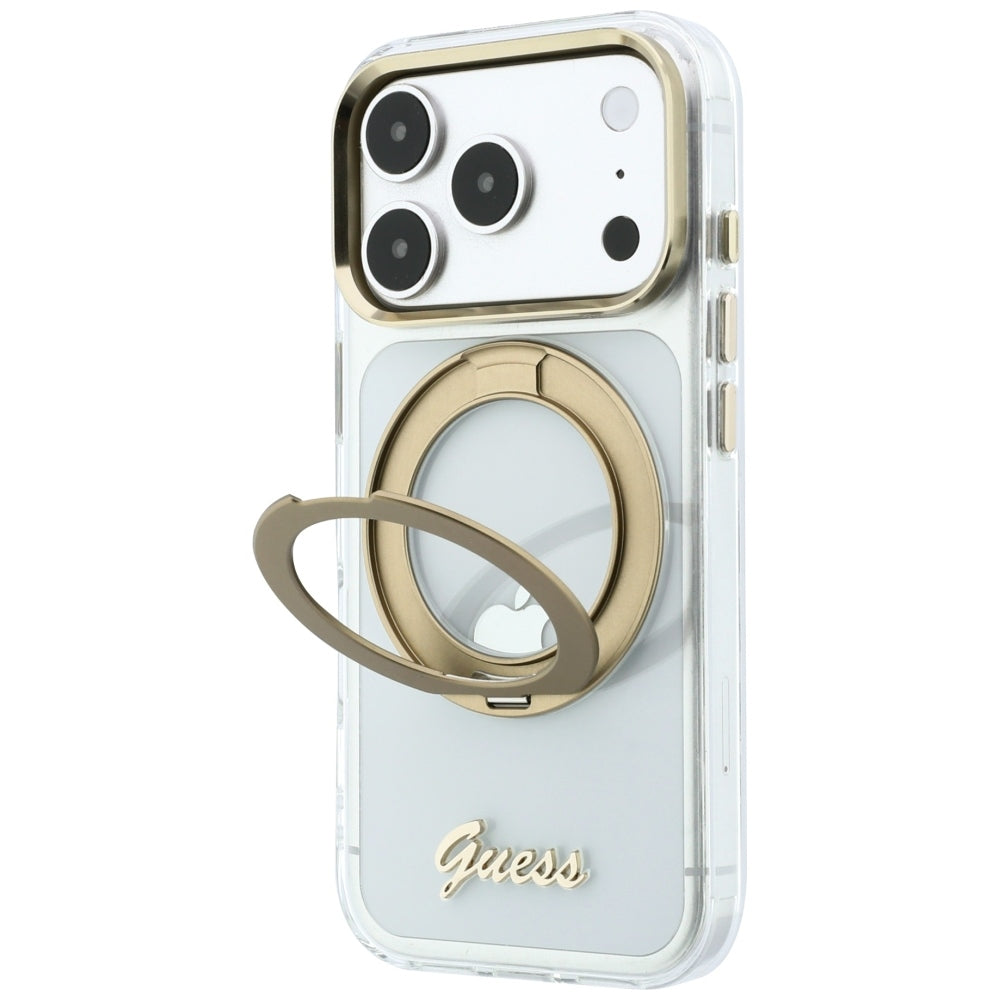 MagSafe pouzdro pro Apple iPhone 18 Pro Max / 17 Pro Max, Guess, Ring Stand Script Metal Logo, Transparentní
