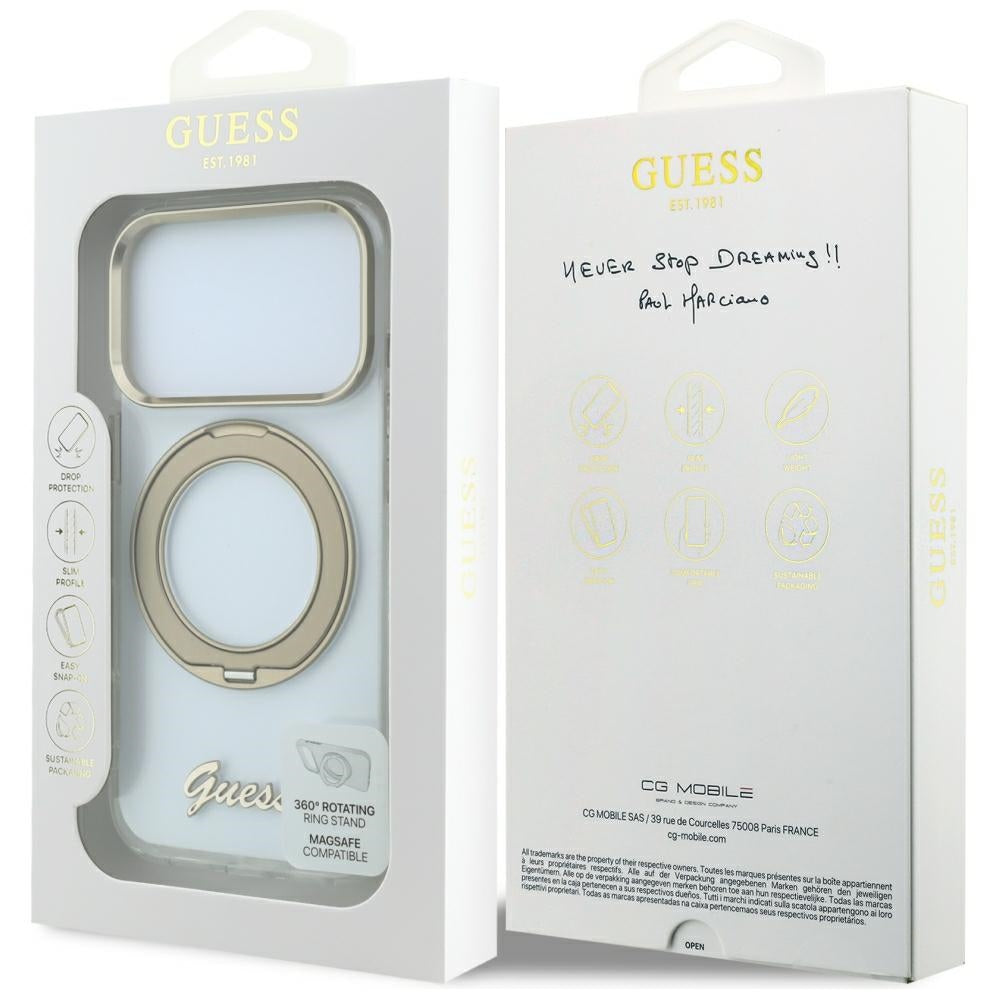 MagSafe pouzdro pro Apple iPhone 18 Pro Max / 17 Pro Max, Guess, Ring Stand Script Metal Logo, Transparentní