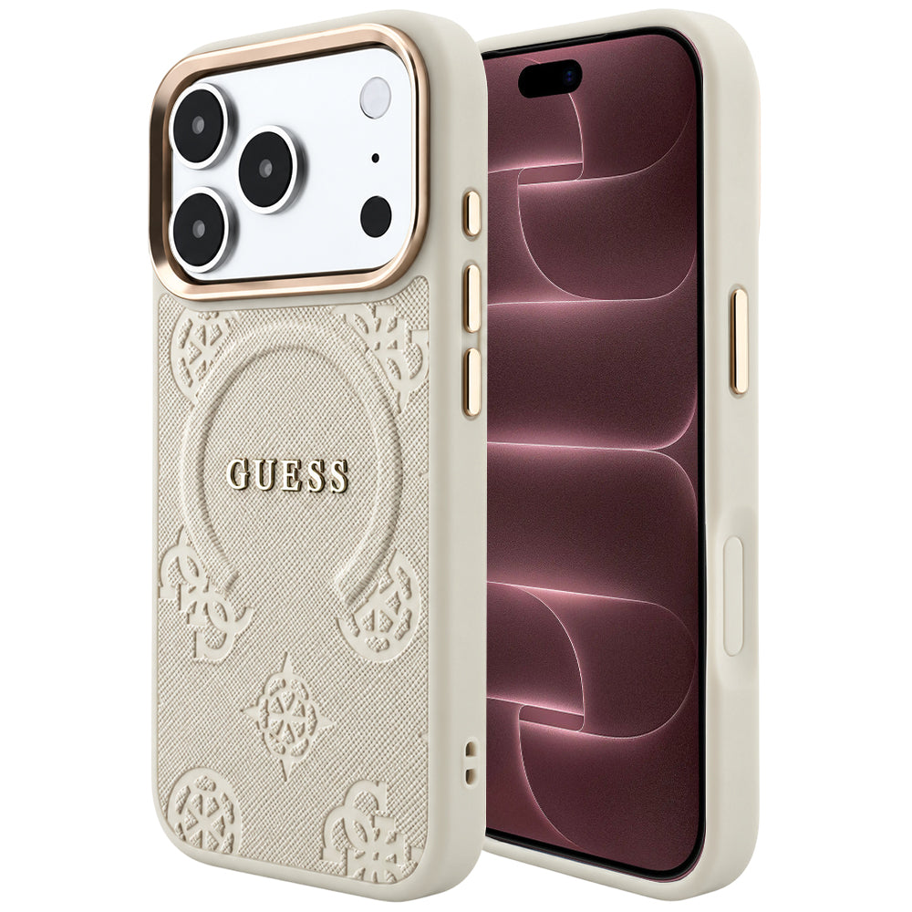 MagSafe pouzdro pro Apple iPhone 18 Pro Max / 17 Pro Max, Guess, Saffiano Peony Hot Stamp, Béžová