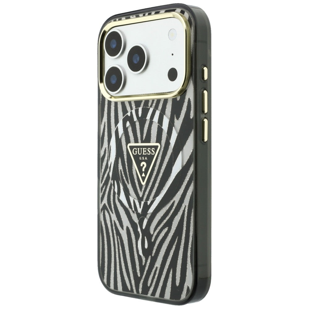 MagSafe pouzdro pro Apple iPhone 18 Pro Max / 17 Pro Max, Guess, Zebra Glitter Triangle Logo, Stříbrné