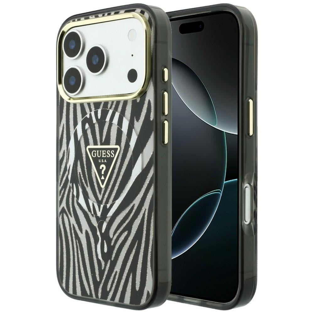 MagSafe pouzdro pro Apple iPhone 18 Pro Max / 17 Pro Max, Guess, Zebra Glitter Triangle Logo, Stříbrné