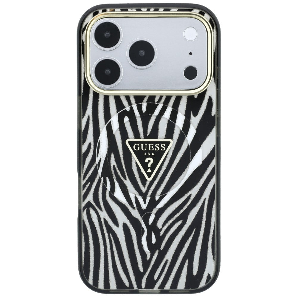 MagSafe pouzdro pro Apple iPhone 18 Pro Max / 17 Pro Max, Guess, Zebra Glitter Triangle Logo, Stříbrné