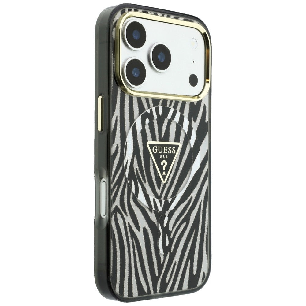 MagSafe pouzdro pro Apple iPhone 18 Pro Max / 17 Pro Max, Guess, Zebra Glitter Triangle Logo, Stříbrné