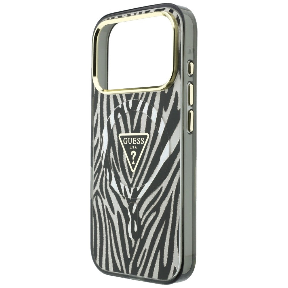 MagSafe pouzdro pro Apple iPhone 18 Pro Max / 17 Pro Max, Guess, Zebra Glitter Triangle Logo, Stříbrné