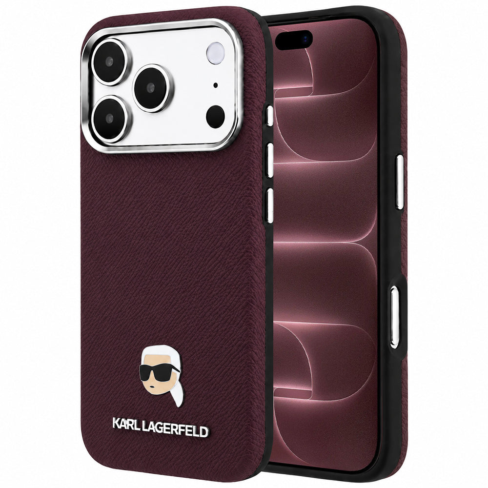 MagSafe pouzdro pro Apple iPhone 18 Pro Max / 17 Pro Max, Karl Lagerfeld, Grained Karl Head's Metal, Tmavě červená