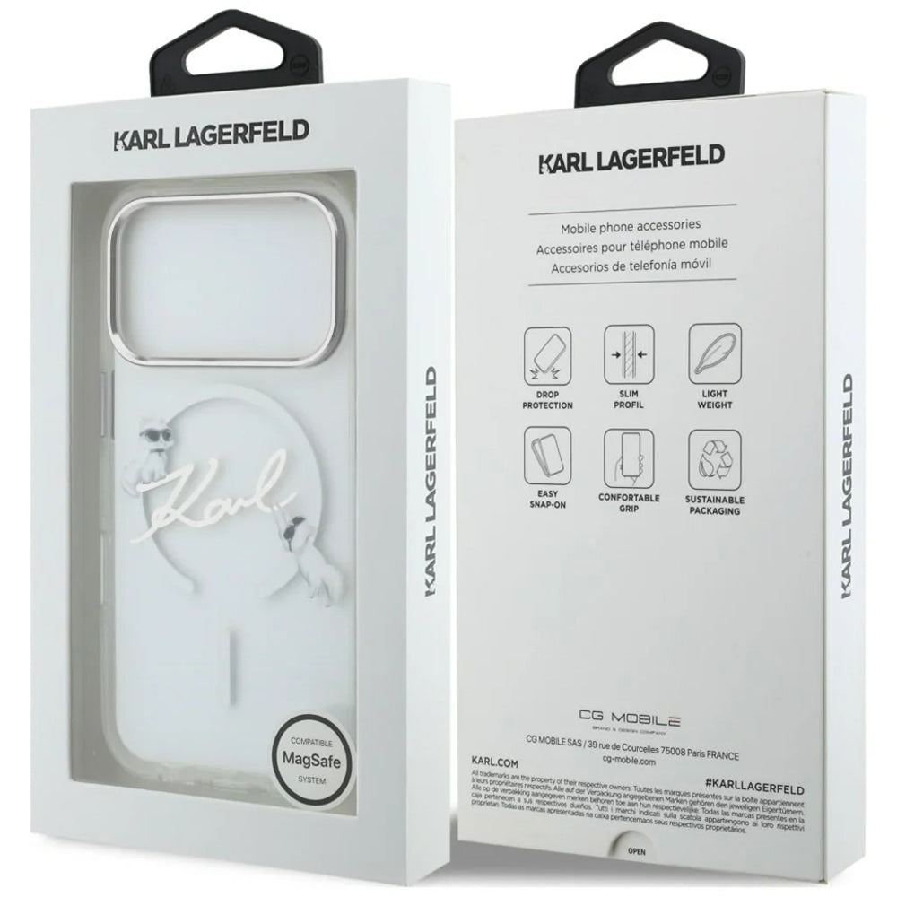 MagSafe pouzdro pro Apple iPhone 18 Pro Max / 17 Pro Max, Karl Lagerfeld, IML Choupette Karl Script Logo, Transparentní