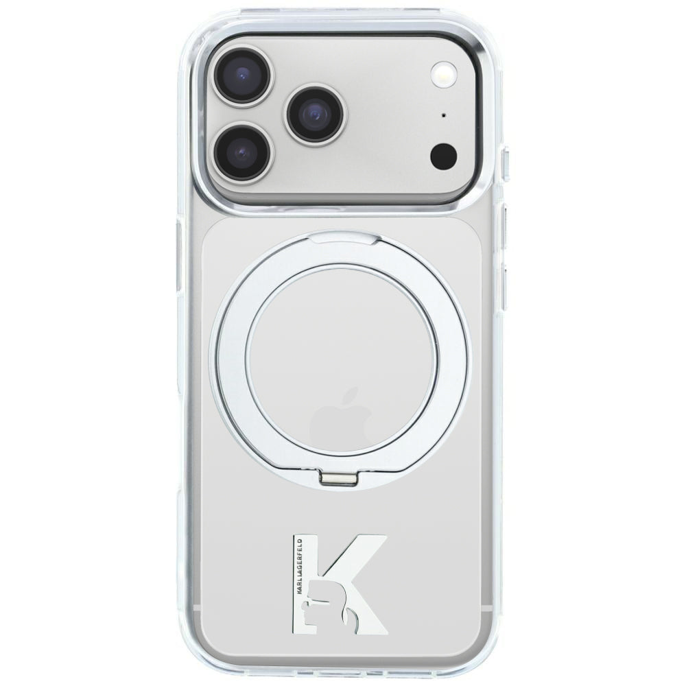 MagSafe pouzdro pro Apple iPhone 18 Pro Max / 17 Pro Max, Karl Lagerfeld, IML Ring Stand Kameo Metal, Průhledné