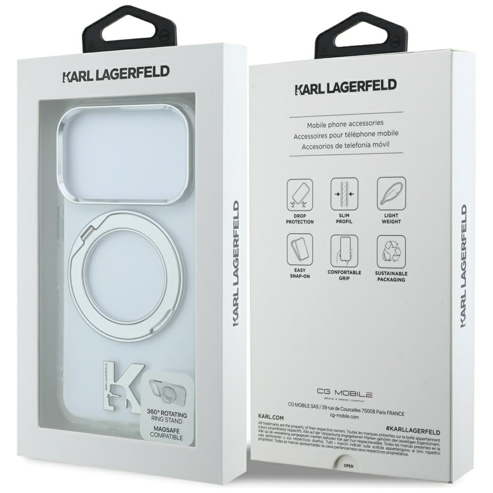 MagSafe pouzdro pro Apple iPhone 18 Pro Max / 17 Pro Max, Karl Lagerfeld, IML Ring Stand Kameo Metal, Průhledné