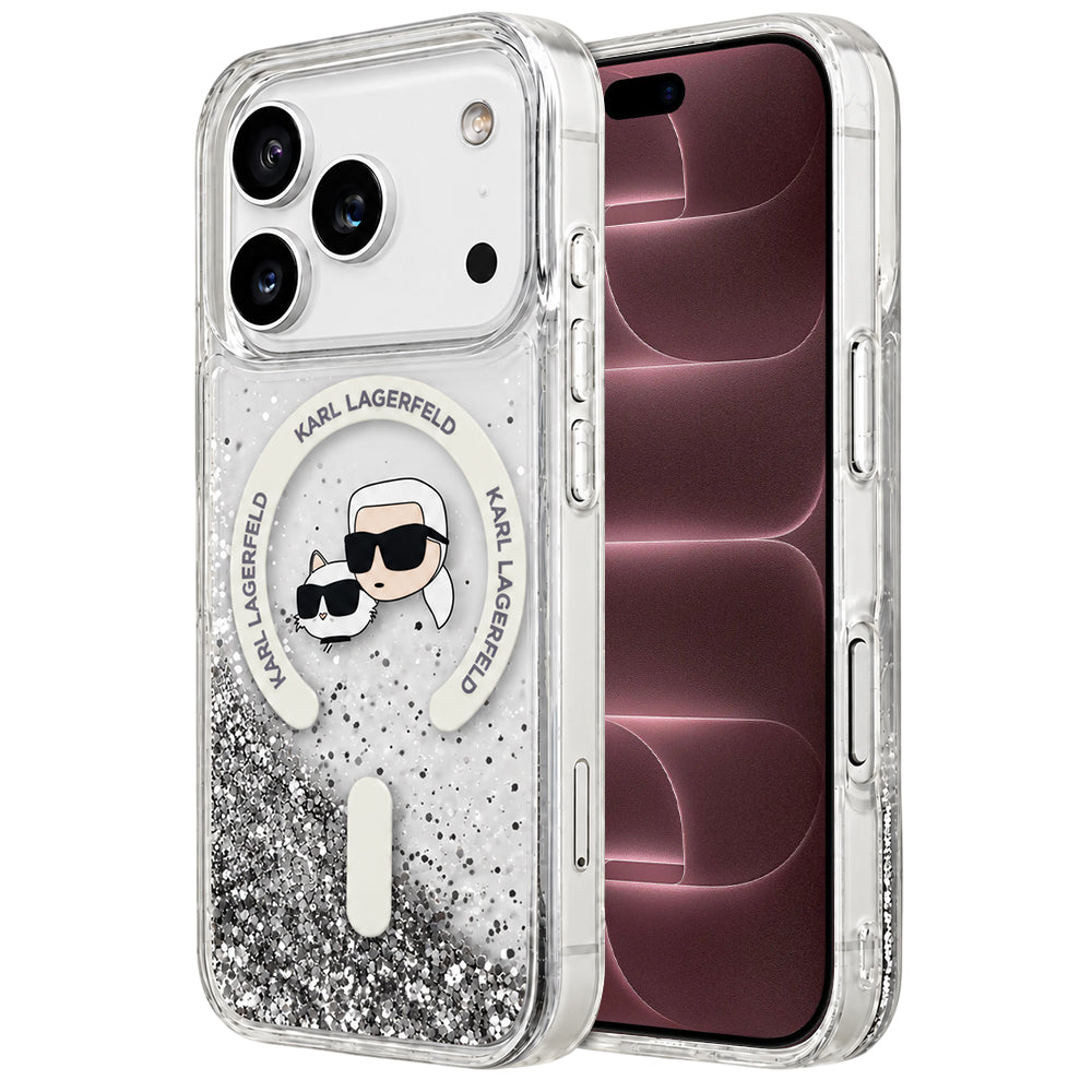 MagSafe pouzdro pro Apple iPhone 18 Pro Max / 17 Pro Max, Karl Lagerfeld, Liquid Glitter Karl & Choupette Head's, Transparentní