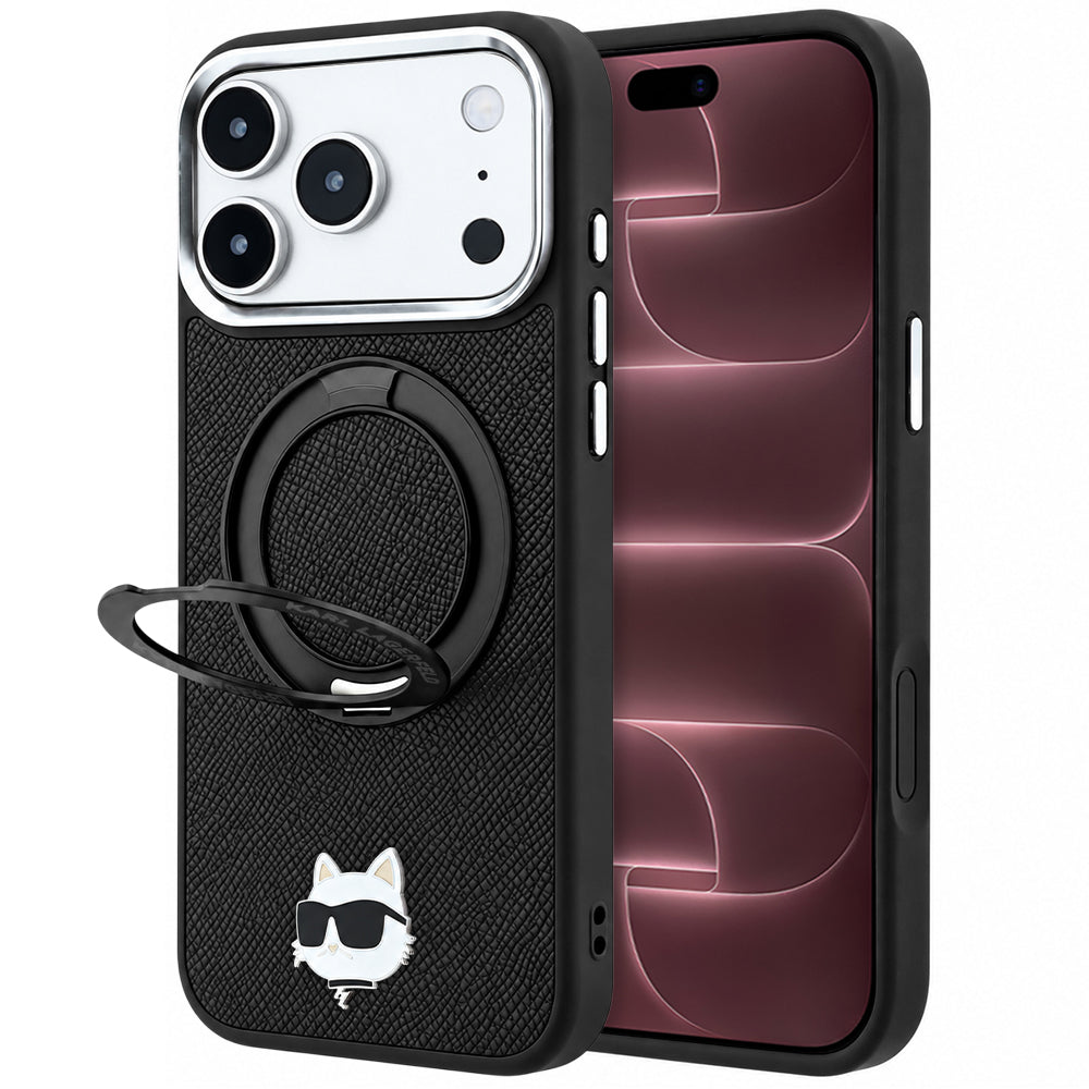 Pouzdro MagSafe pro Apple iPhone 18 Pro Max / 17 Pro Max, Karl Lagerfeld, Ring Stand 360 Choupette Pin, černé