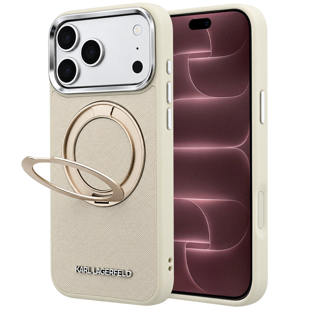 Pouzdro MagSafe pro Apple iPhone 18 Pro Max / 17 Pro Max, Karl Lagerfeld, Ring Stand 360 Saffiano, béžové