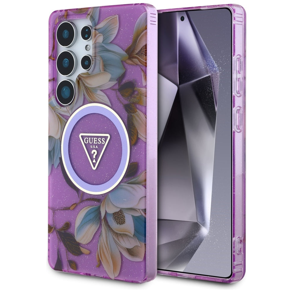 Pouzdro MagSafe pro Samsung Galaxy S25 Ultra S938, Guess, IML Metal Glitter Flowers Triangle, Fialová