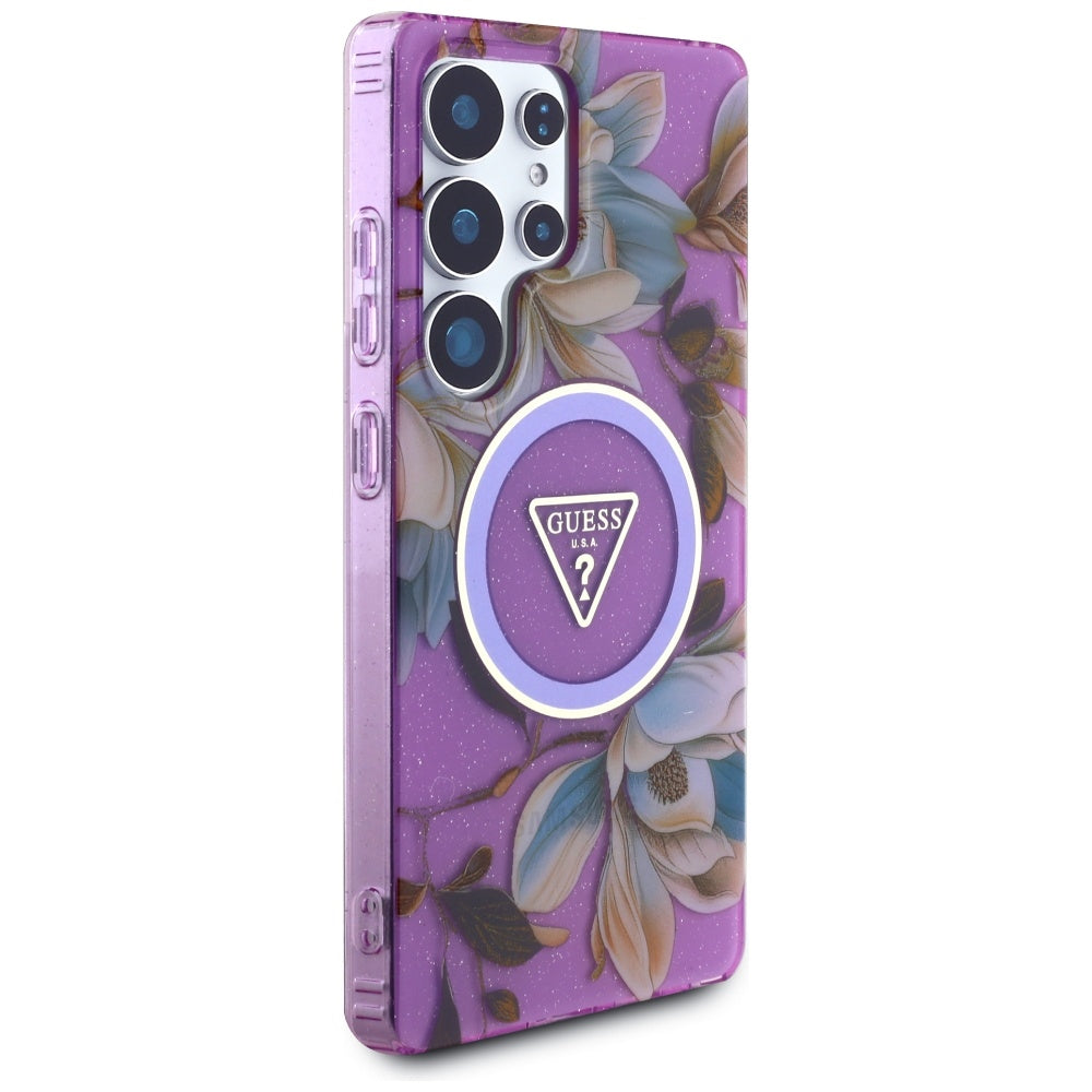 Pouzdro MagSafe pro Samsung Galaxy S25 Ultra S938, Guess, IML Metal Glitter Flowers Triangle, Fialová