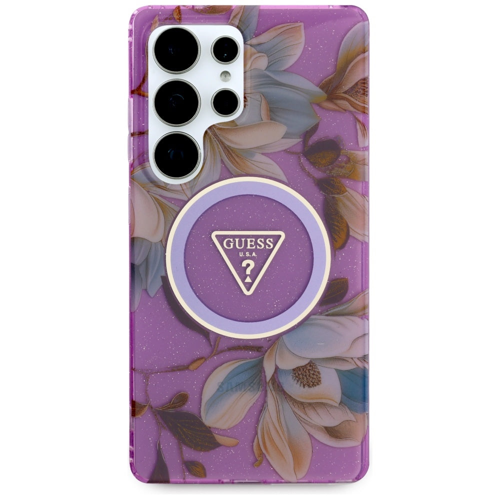 Pouzdro MagSafe pro Samsung Galaxy S25 Ultra S938, Guess, IML Metal Glitter Flowers Triangle, Fialová