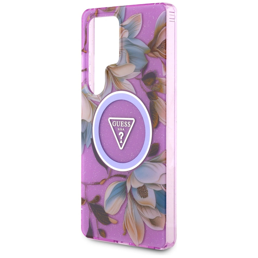 Pouzdro MagSafe pro Samsung Galaxy S25 Ultra S938, Guess, IML Metal Glitter Flowers Triangle, Fialová