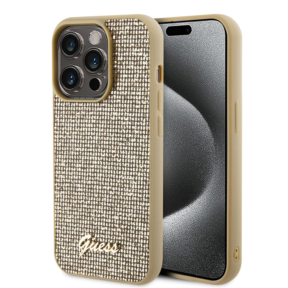 Pouzdro pro Apple iPhone 15 Pro, Guess, PU Square Mirror Script Logo, Zlaté GUHCP15LPMSDGSD