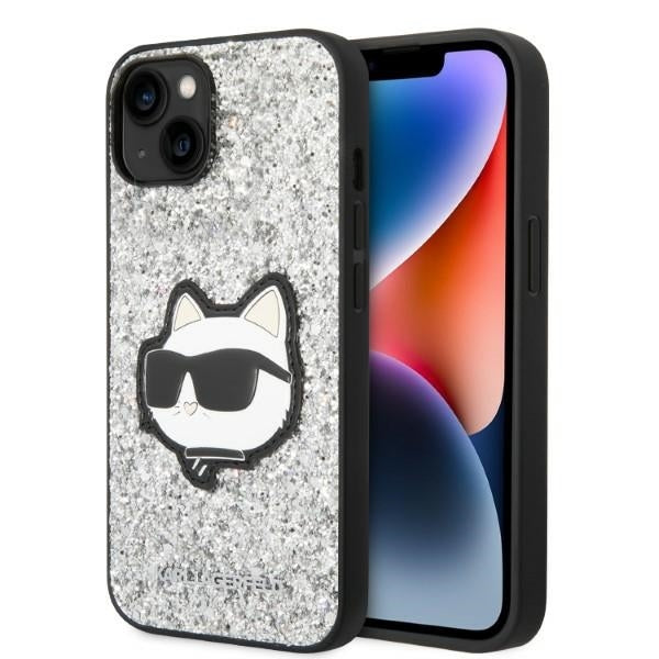 Pouzdro pro Apple iPhone 14, Karl Lagerfeld, Glitter Choupette Patch, Stříbrné