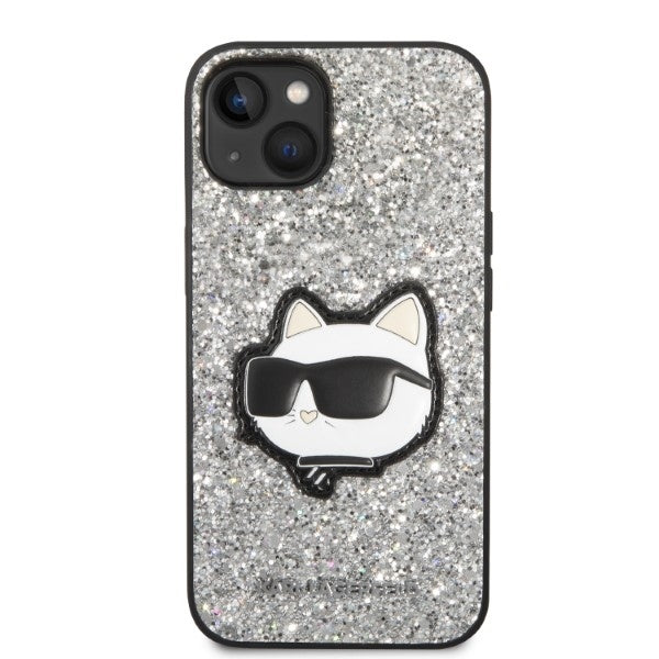 Pouzdro pro Apple iPhone 14, Karl Lagerfeld, Glitter Choupette Patch, Stříbrné