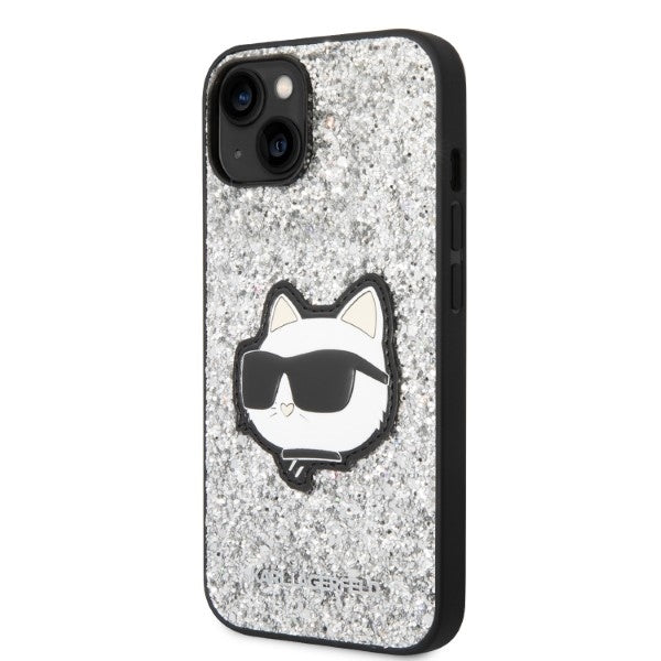 Pouzdro pro Apple iPhone 14, Karl Lagerfeld, Glitter Choupette Patch, Stříbrné