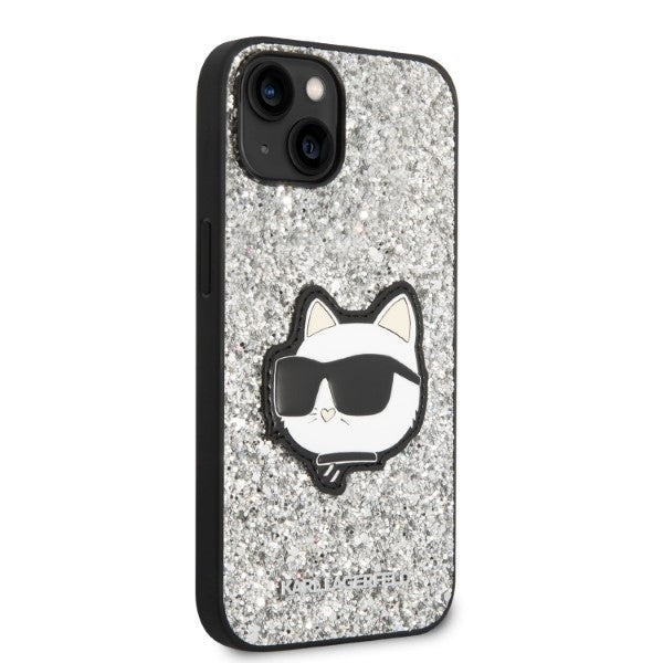 Pouzdro pro Apple iPhone 14, Karl Lagerfeld, Glitter Choupette Patch, Stříbrné