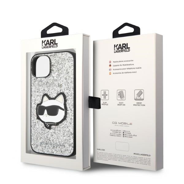 Pouzdro pro Apple iPhone 14, Karl Lagerfeld, Glitter Choupette Patch, Stříbrné
