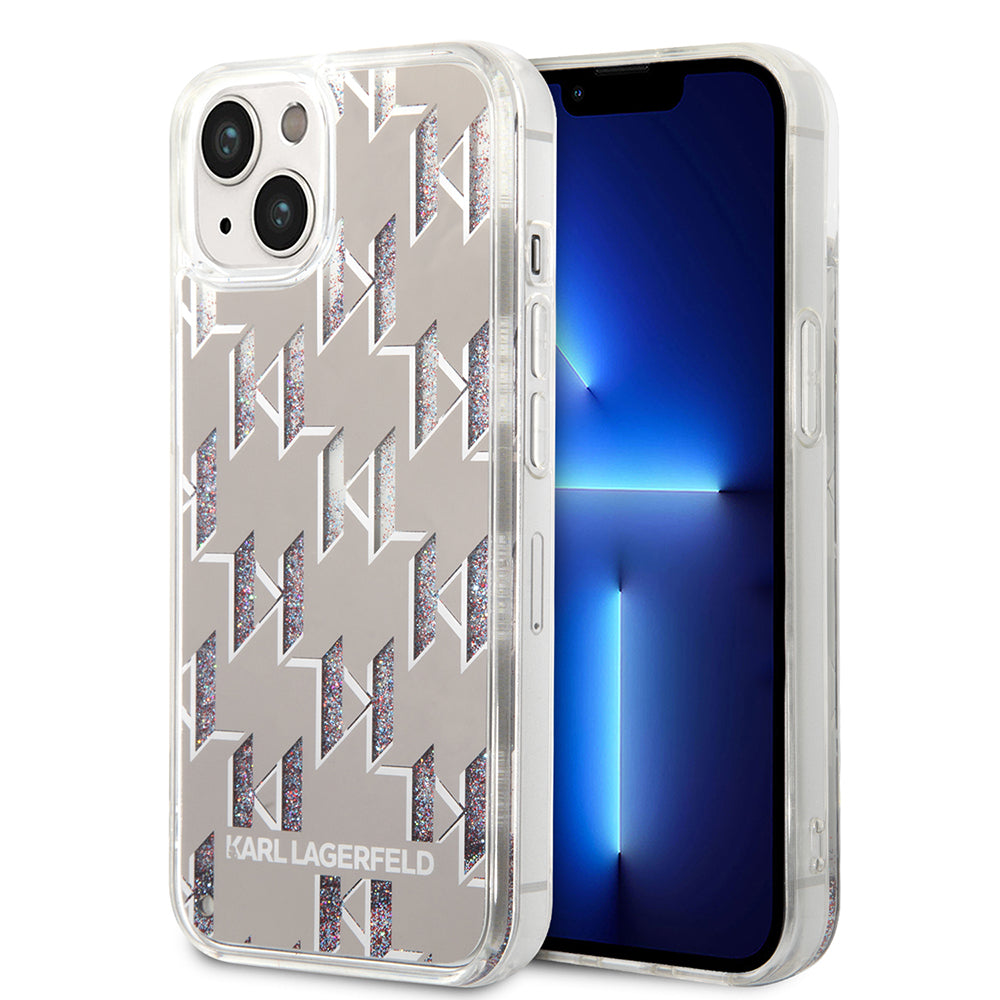Pouzdro pro Apple iPhone 14, Karl Lagerfeld, Liquid Glitter Monogram, Stříbrné