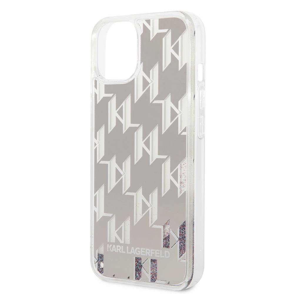 Pouzdro pro Apple iPhone 14, Karl Lagerfeld, Liquid Glitter Monogram, Stříbrné