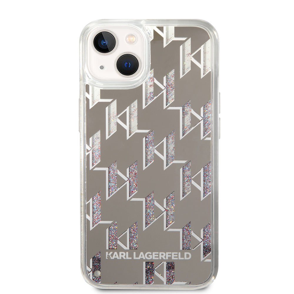 Pouzdro pro Apple iPhone 14, Karl Lagerfeld, Liquid Glitter Monogram, Stříbrné