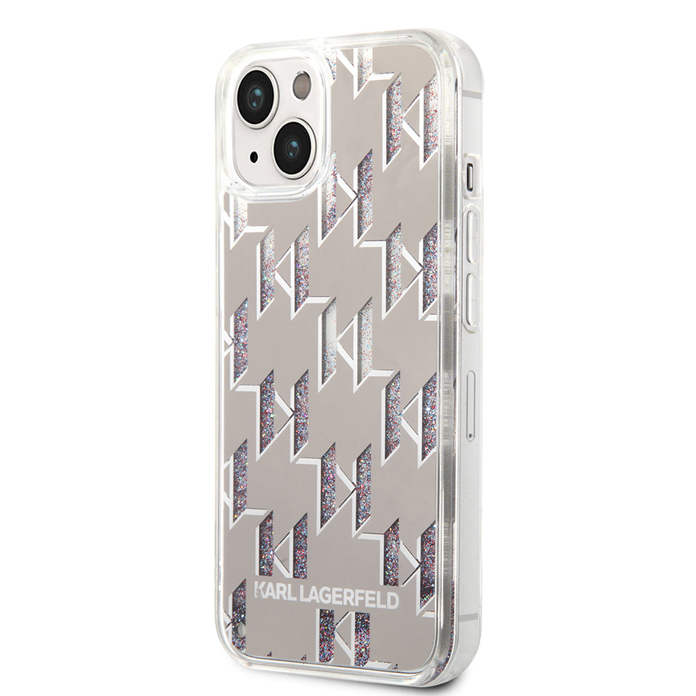 Pouzdro pro Apple iPhone 14, Karl Lagerfeld, Liquid Glitter Monogram, Stříbrné