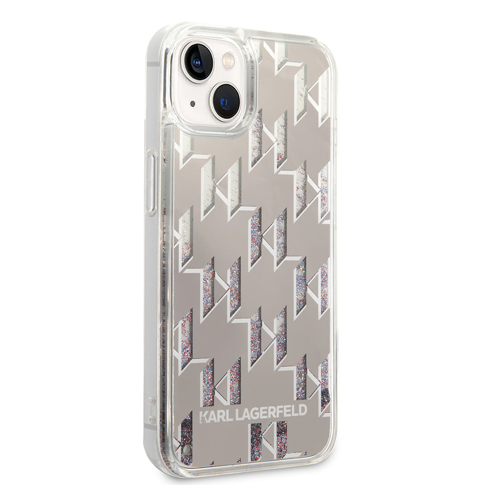 Pouzdro pro Apple iPhone 14, Karl Lagerfeld, Liquid Glitter Monogram, Stříbrné
