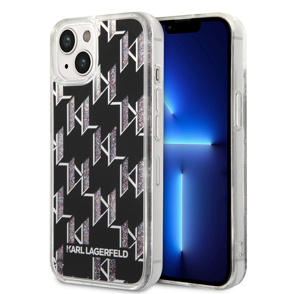 Pouzdro pro Apple iPhone 14, Karl Lagerfeld, Liquid Glitter Monogram, Černá