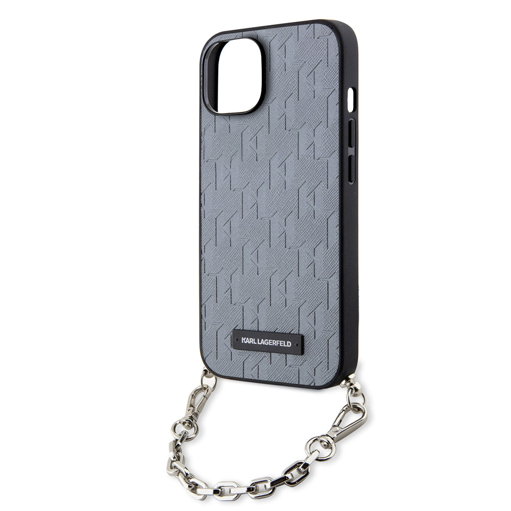 Pouzdro pro Apple iPhone 14, Karl Lagerfeld, Saffiano Monogram Chain, Stříbrné