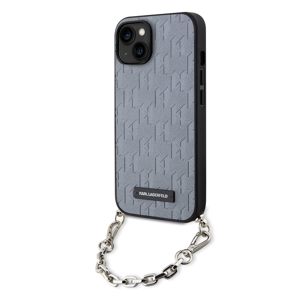 Pouzdro pro Apple iPhone 14, Karl Lagerfeld, Saffiano Monogram Chain, Stříbrné