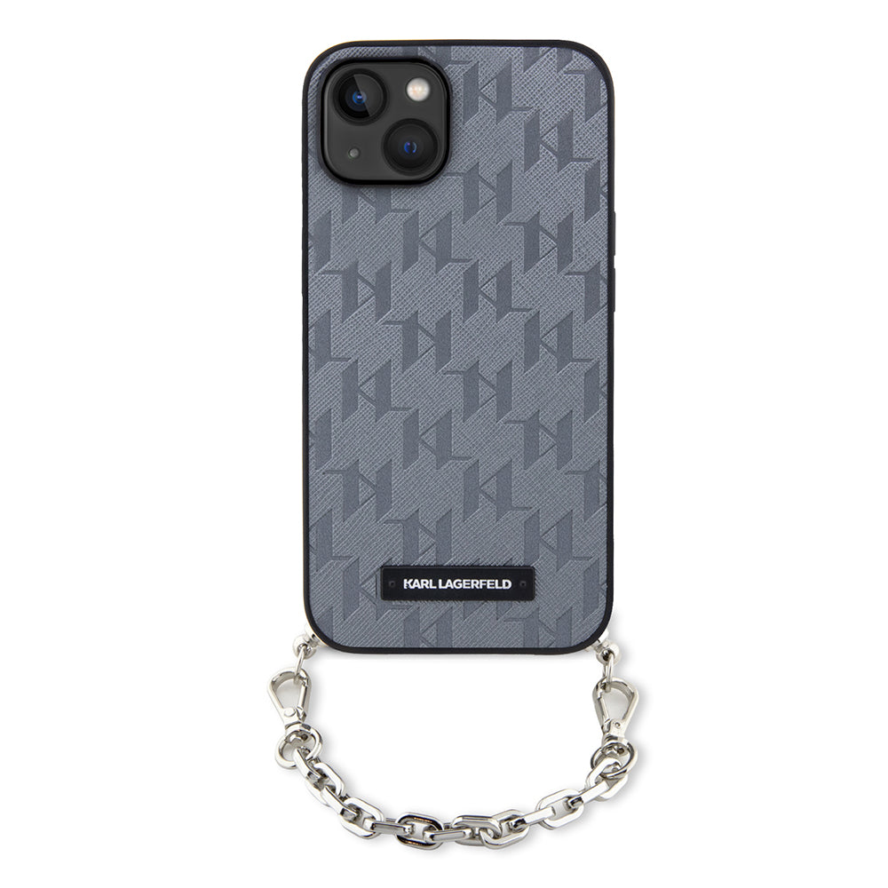 Pouzdro pro Apple iPhone 14, Karl Lagerfeld, Saffiano Monogram Chain, Stříbrné