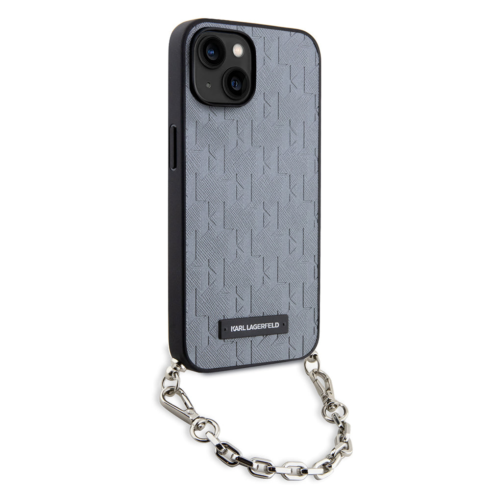 Pouzdro pro Apple iPhone 14, Karl Lagerfeld, Saffiano Monogram Chain, Stříbrné