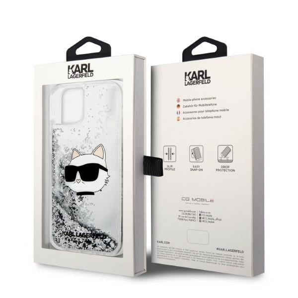 Pouzdro pro Apple iPhone 14 Plus, Karl Lagerfeld, Glitter Choupette's Head, Stříbrné.