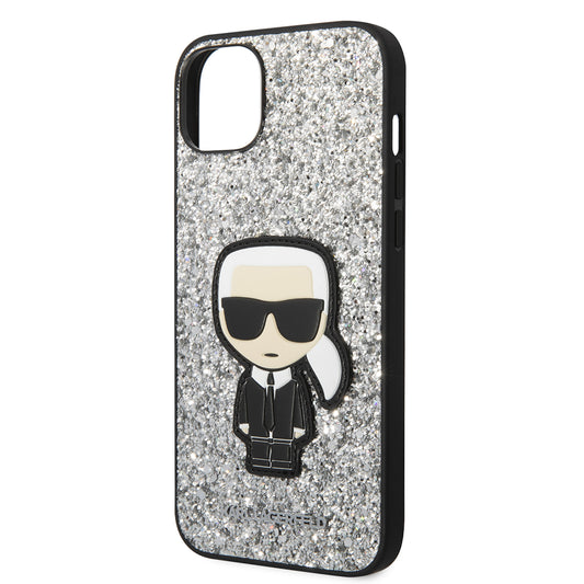 Pouzdro pro Apple iPhone 14 Plus, Karl Lagerfeld, Glitter Flakes Ikonik Karl, Stříbrné.