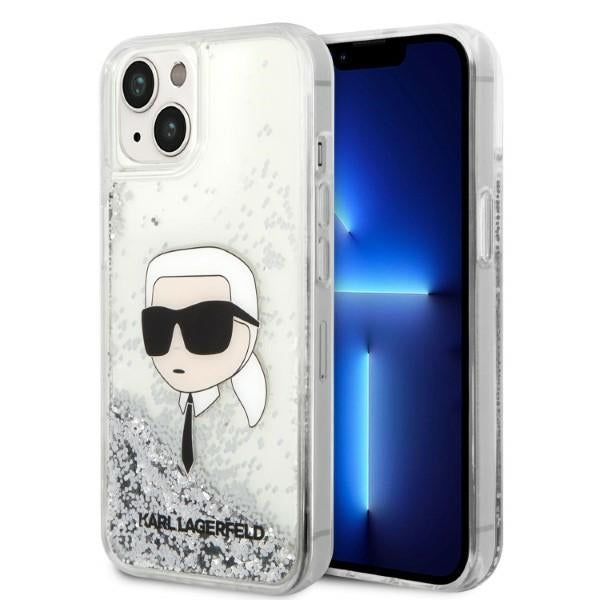 Pouzdro pro Apple iPhone 14 Plus, Karl Lagerfeld, Glitter Karl's Head, Stříbrné.