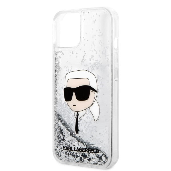 Pouzdro pro Apple iPhone 14 Plus, Karl Lagerfeld, Glitter Karl's Head, Stříbrné.